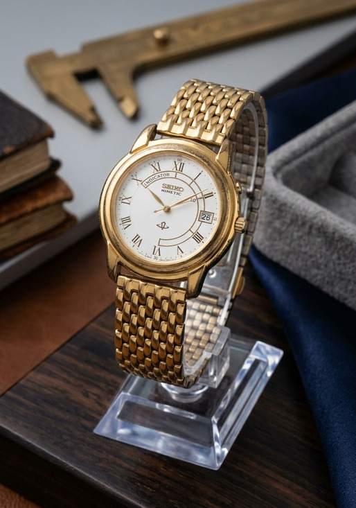 Rare Seiko Kinetic Wristwatch Gold Metal Movement 5M42-0A19 38MM Date main image 15